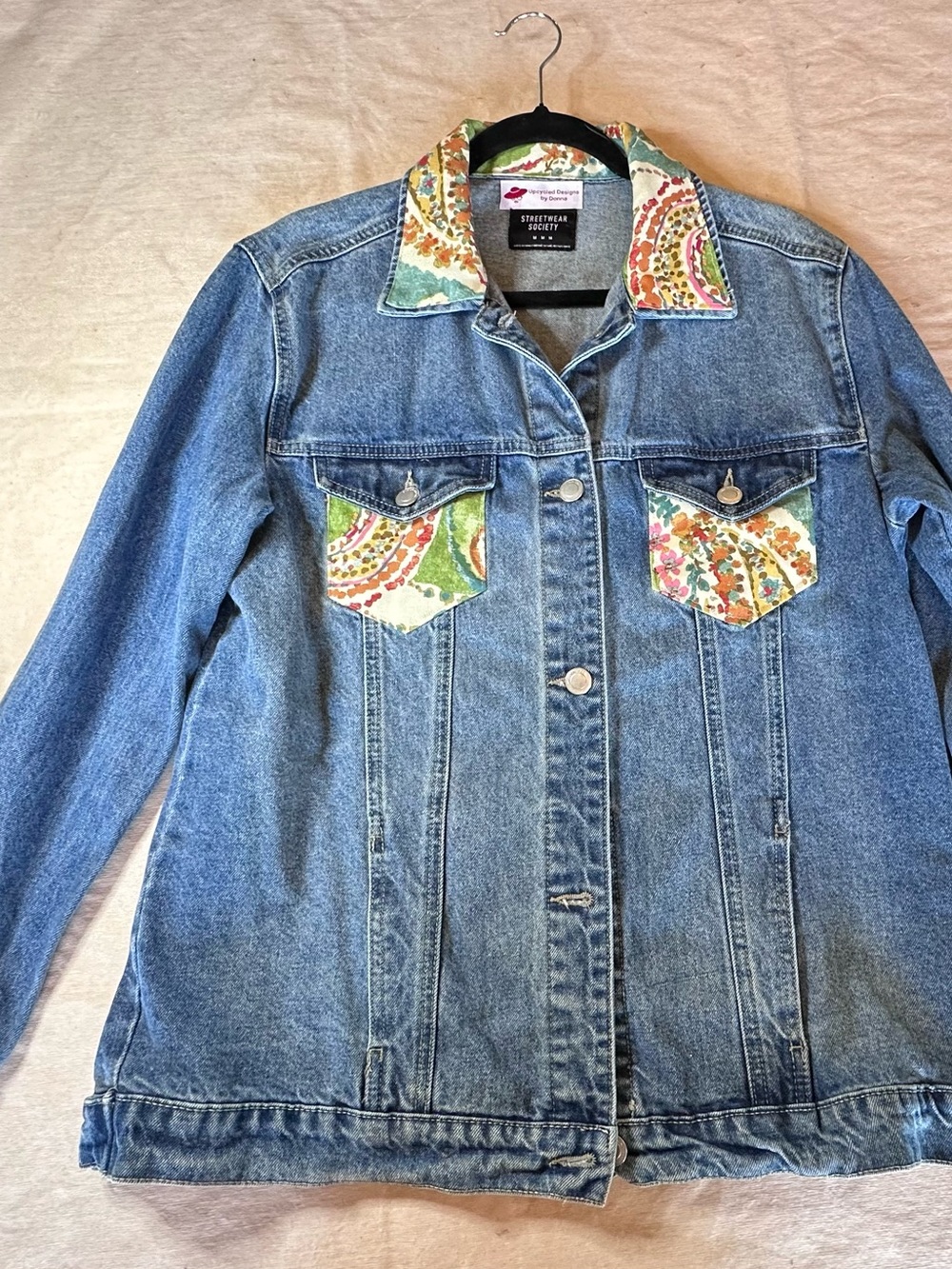 Upcycled Denim Jacket with Floral Trim